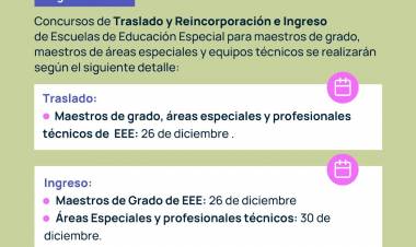 EDUCACIÓN ESPECIAL: FECHAS CONFIRMADAS PARA CONCURSOS DE TRASLADO Y REINCORPORACIÓN E INGRESO A LA DOCENCIA