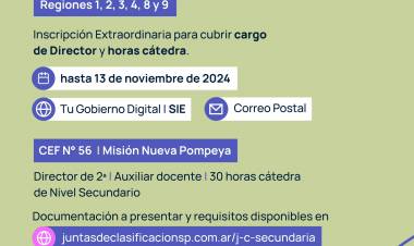 CEF NUEVA POMPEYA: SE ENCUENTRA ABIERTA INSCRIPCIÓN PARA CUBRIR CARGO DE DIRECTOR Y HORAS CÁTEDRA