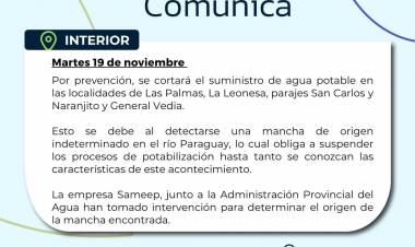 SAMEEP: POR PREVENCIÓN SE CORTARÁ EL SUMINISTRO DE AGUA POTABLE A LAS LOCALIDADES ABASTECIDAS POR LA PLANTA DE LAS PALMAS