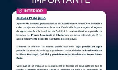 EN EL INGRESO A QUITILIPI: SAMEEP RECUERDA QUE ESTE JUEVES SE REALIZARÁN TRABAJOS DE REPARACIÓN EN EL PRIMER ACUEDUCTO AL INTERIOR