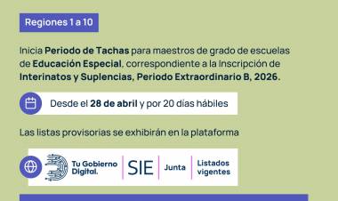 EDUCACIÓN ESPECIAL: INICIA EL PERÍODO DE TACHAS PARA INTERINATOS Y SUPLENCIAS DE MAESTROS DE GRADO