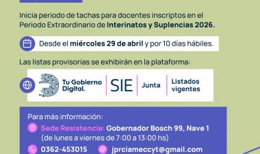 SE INICIÓ EL PERÍODO DE TACHAS PARA DOCENTES DE NIVEL PRIMARIO INSCRIPTOS EN INTERINATOS Y SUPLENCIAS