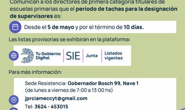 JUNTAS DE NIVEL PRIMARIO: ABREN PERÍODO DE TACHAS PARA DESIGNACIÓN DE SUPERVISORES