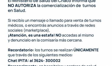SALUD ALERTA SOBRE LA VENTA ILEGAL DE TURNOS Y PIDE A LA COMUNIDAD DENUNCIAR ESTAFAS