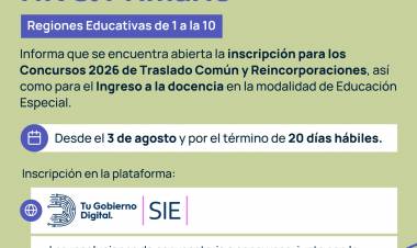 CONCURSOS DE TRASLADO E INGRESO EN NIVEL PRIMARIO: EN AGOSTO ABRE LA INSCRIPCIÓN PARA EDUCACIÓN HOSPITALARIA Y DOMICILIARIA