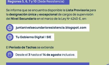 JUNTA DE CLASIFICACIÓN DE NIVEL SECUNDARIO: HABILITAN EL PERÍODO DE TACHA PARA LA DESIGNACIÓN DE SUPERVISORES