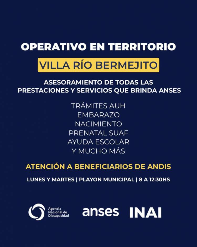 ESTE LUNES Y MARTES: OPERATIVO EN TERRITORIO, EN VILLA RÍO BERMEJITO