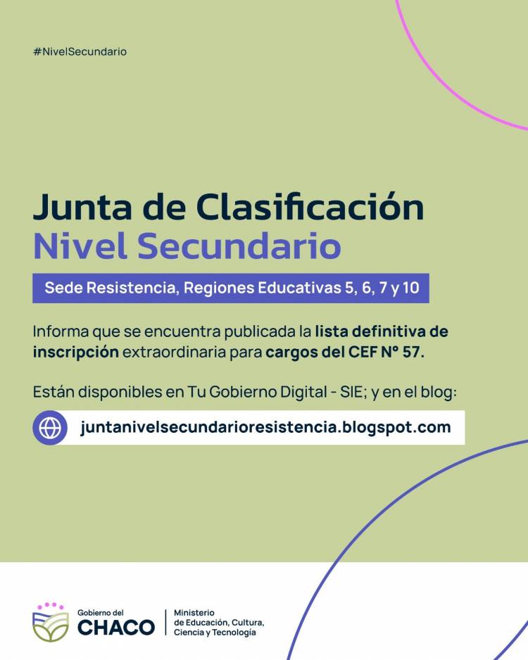 NIVEL SECUNDARIO: PUBLICARON LAS LISTAS DEFINITIVAS PARA CARGOS DEL CEF N° 57