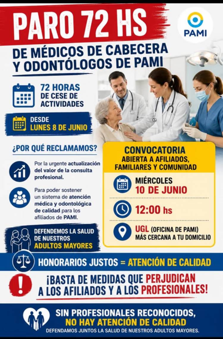 PAMI: MÉDICOS DE CABECERA Y ODONTÓLOGOS INICIAN UN PARO DE 72 HORAS
