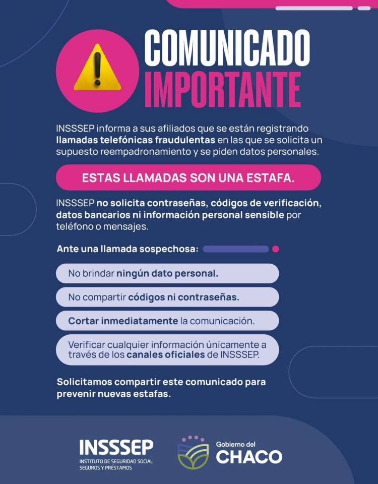 ALERTA: EL INSSSEP REITERA QUE NO REALIZA NINGUNA CAMPAÑA DE REEMPADRONAMIENTO Y ADVIERTE SOBRE POSIBLES ESTAFAS