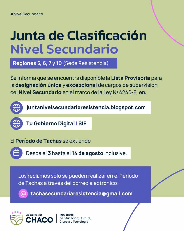 JUNTA DE CLASIFICACIÓN DE NIVEL SECUNDARIO: HABILITAN EL PERÍODO DE TACHA PARA LA DESIGNACIÓN DE SUPERVISORES